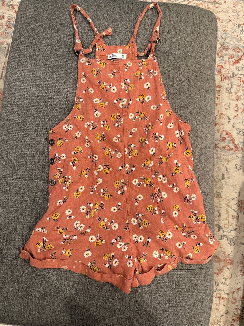 Hollister Rust Pink Floral Overall Romper with Yellow Accents